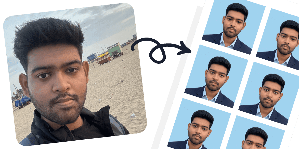 Before and after demonstration showing casual photo transformed into professional passport photos