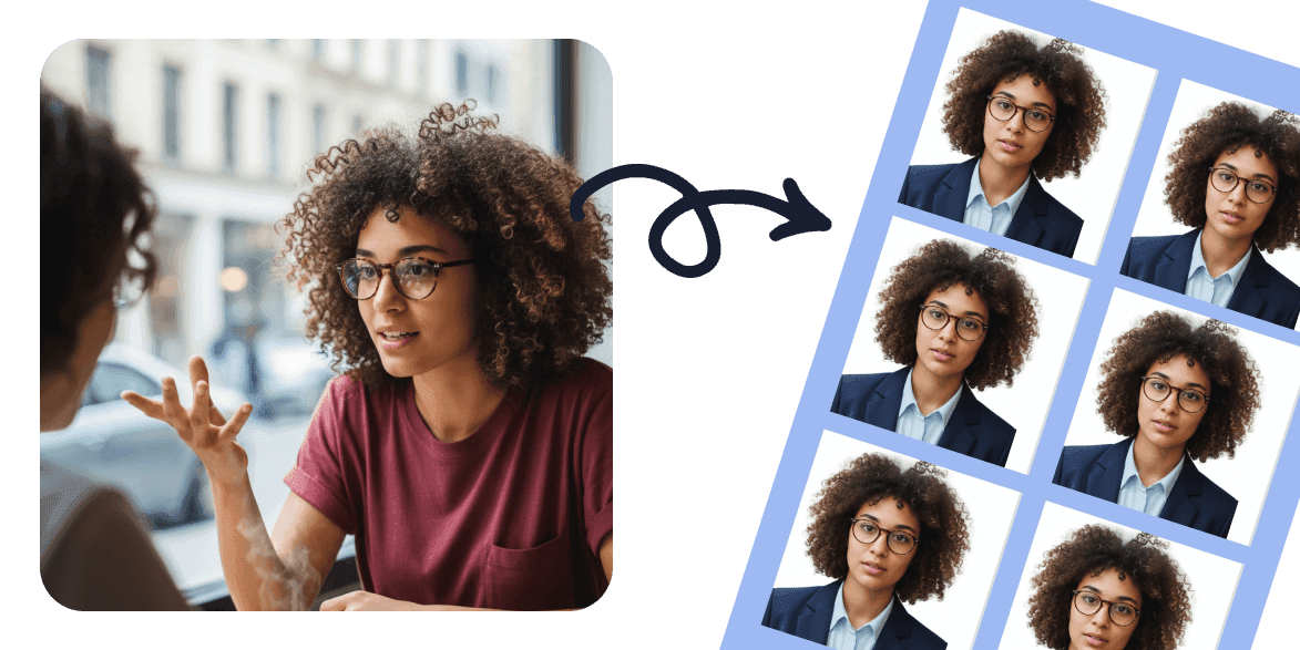 Before and after demonstration showing casual photo transformed into professional passport photos